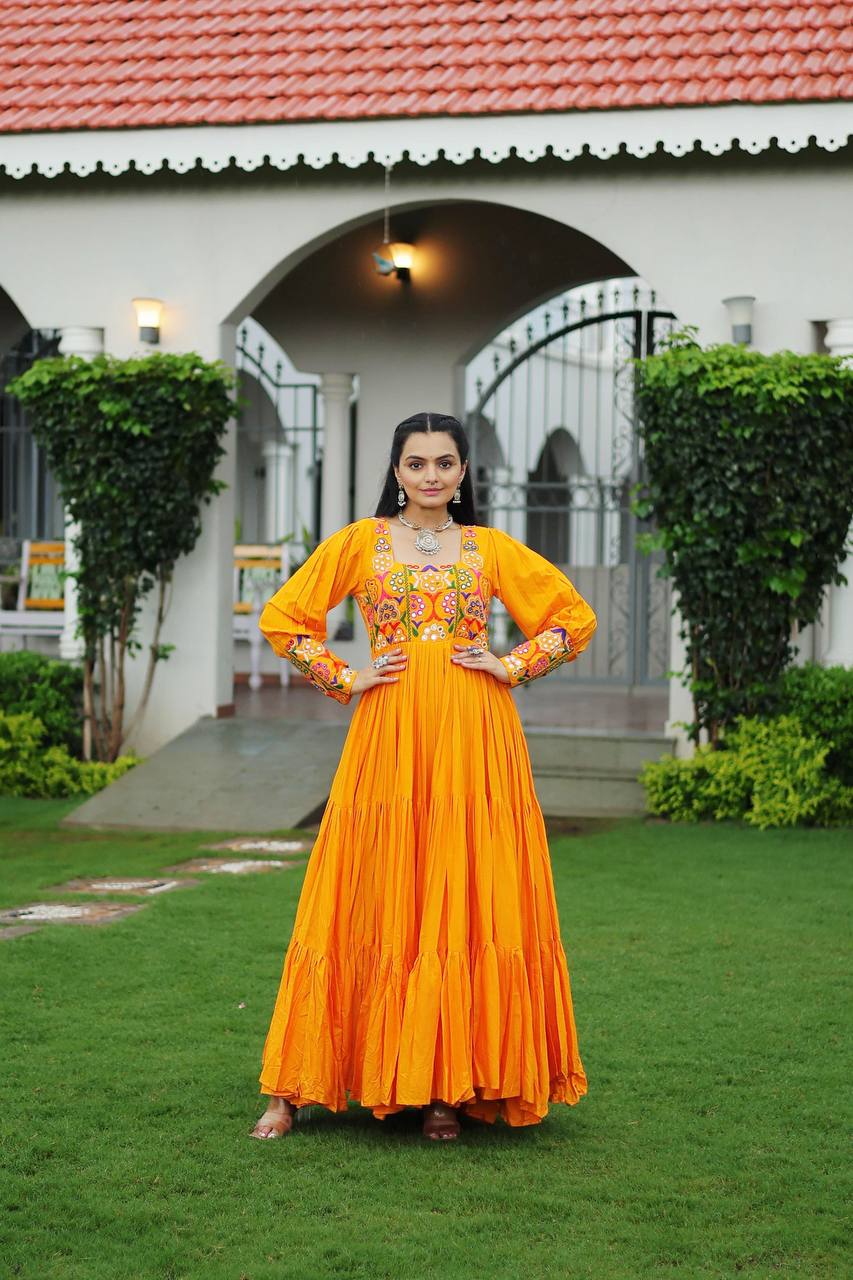 Yellow Rayon Kutchi Gamthi Work Navratri Special Gown