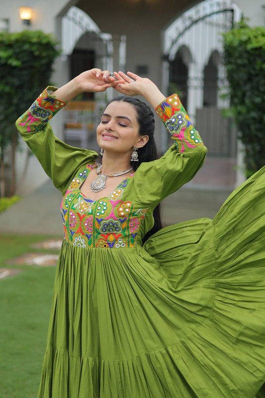 Parrot Rayon Kutchi Gamthi Work Navratri Special Gown