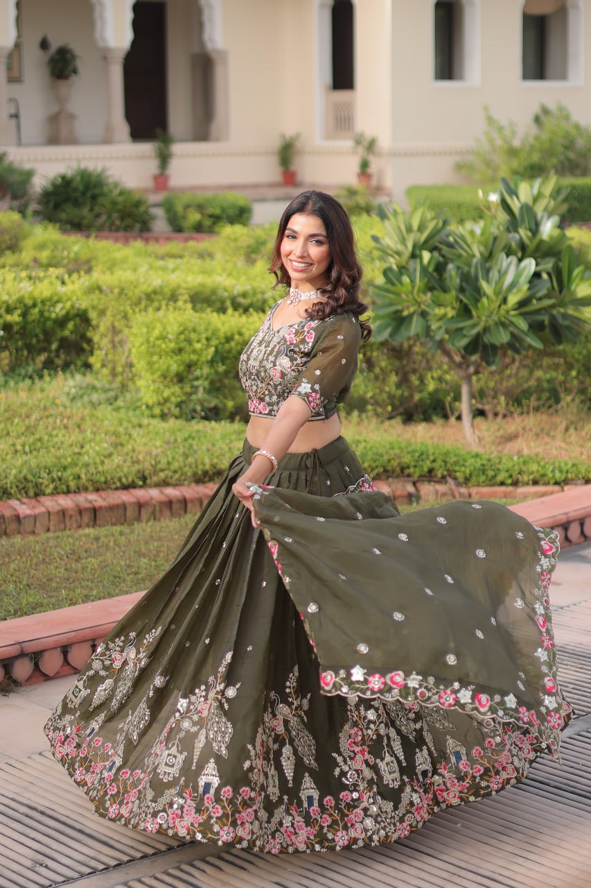 Mehendi Gold Crush With Sequins Zari And Codding Embroidered Work Lehenga Choli