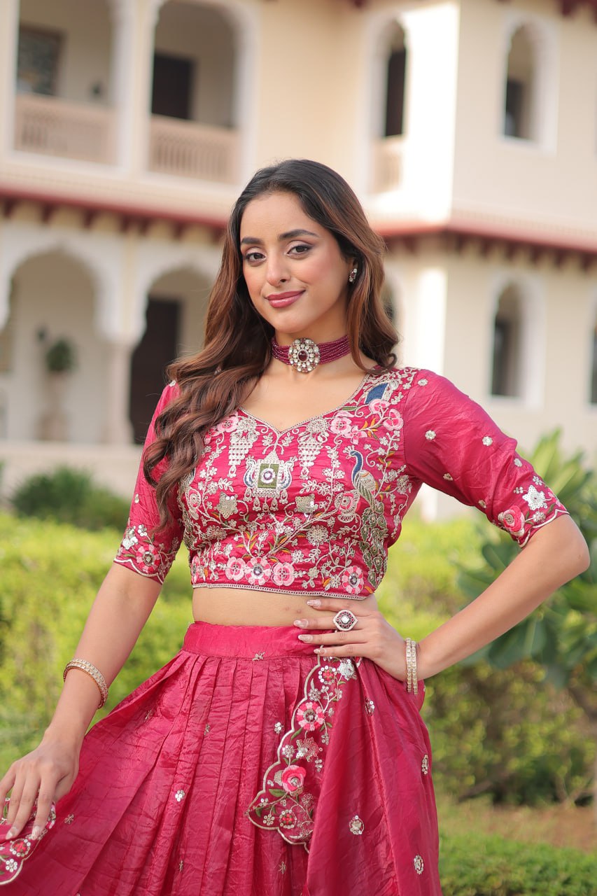 Pink Gold Crush With Sequins Zari And Codding Embroidered Work Lehenga Choli