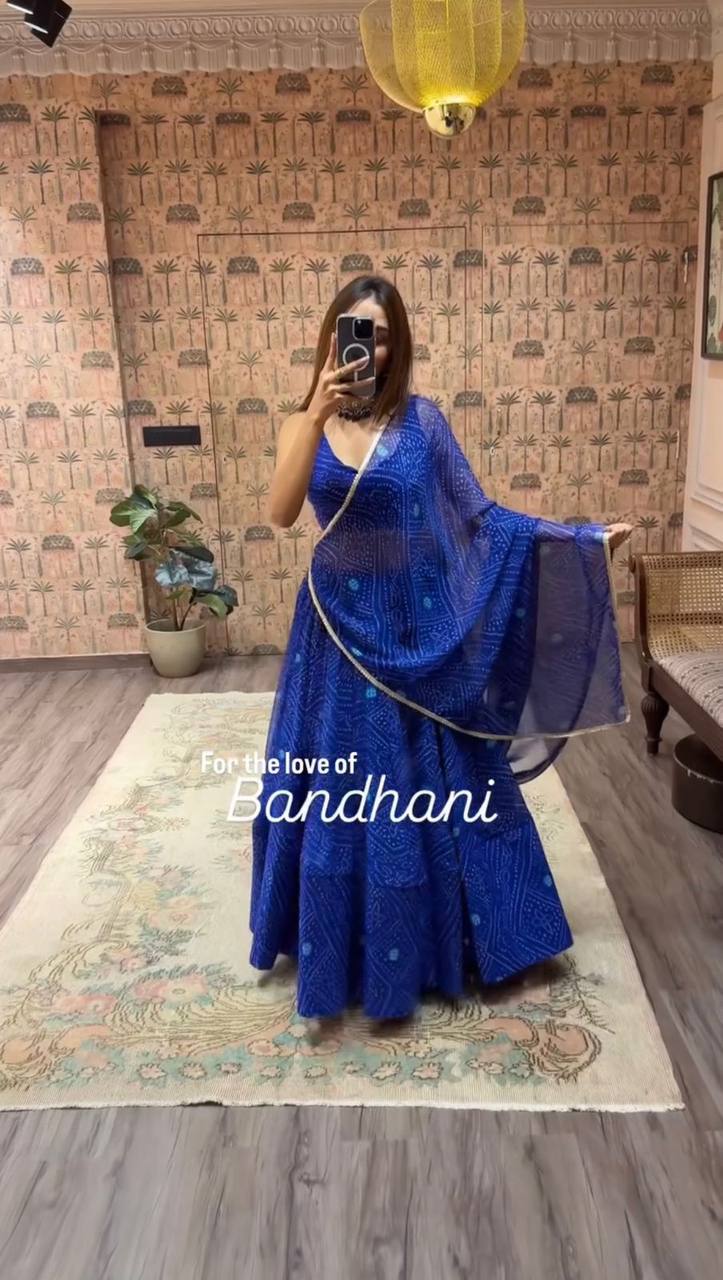 Blue Exclusive Bandhani Printed Georgette Navaratri Lehenga Choli