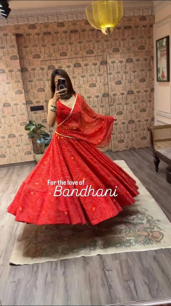 Red Exclusive Bandhani Printed Georgette Navaratri Lehenga Choli