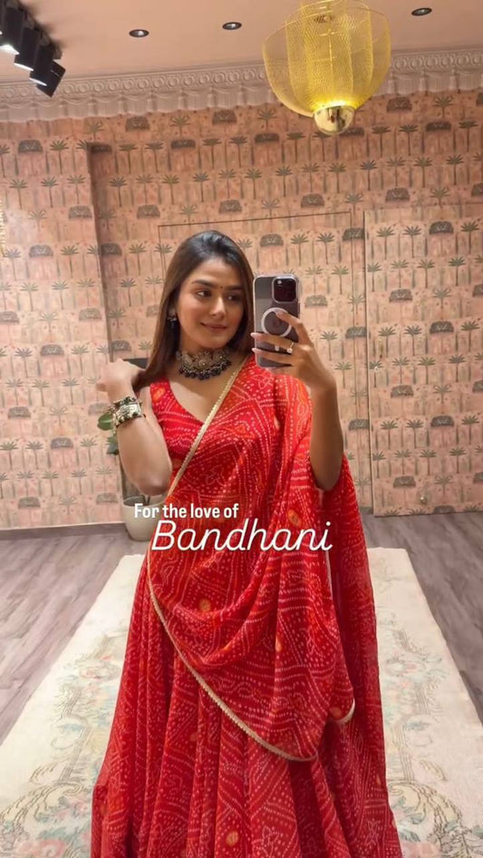 Red Exclusive Bandhani Printed Georgette Navaratri Lehenga Choli