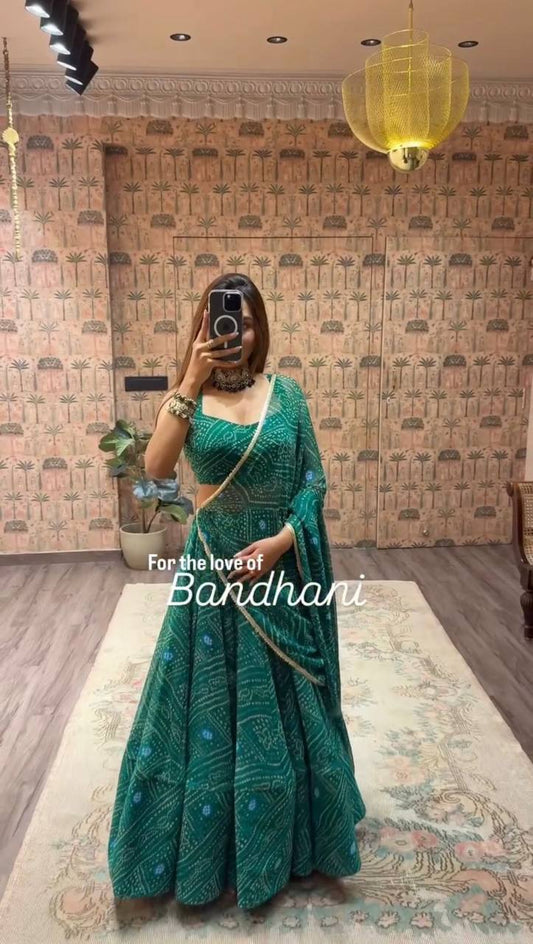 Green Exclusive Bandhani Printed Georgette Navaratri Lehenga Choli