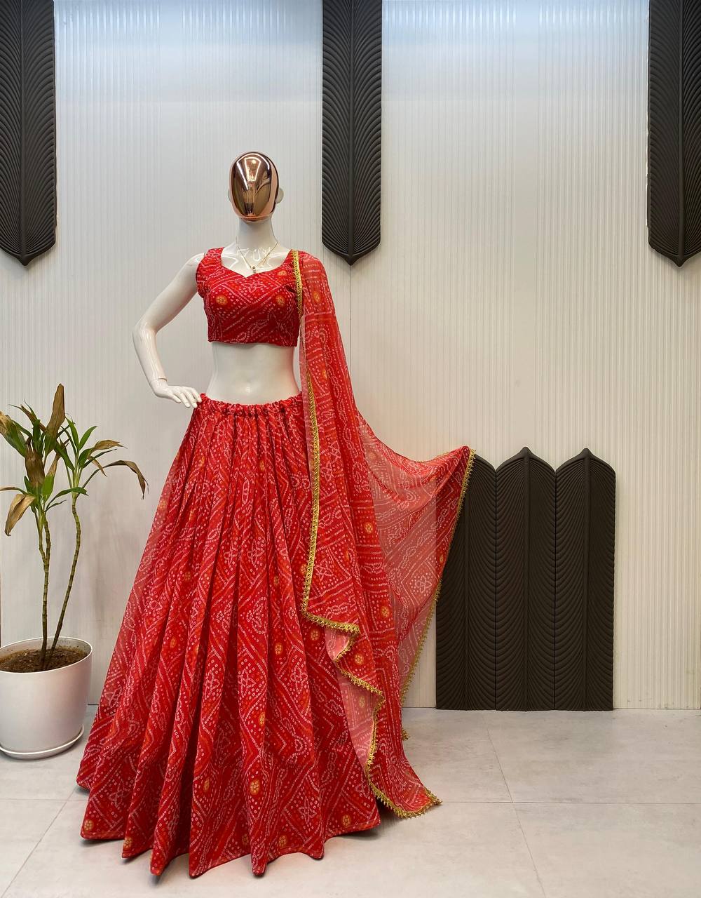 Red Exclusive Bandhani Printed Georgette Navaratri Lehenga Choli