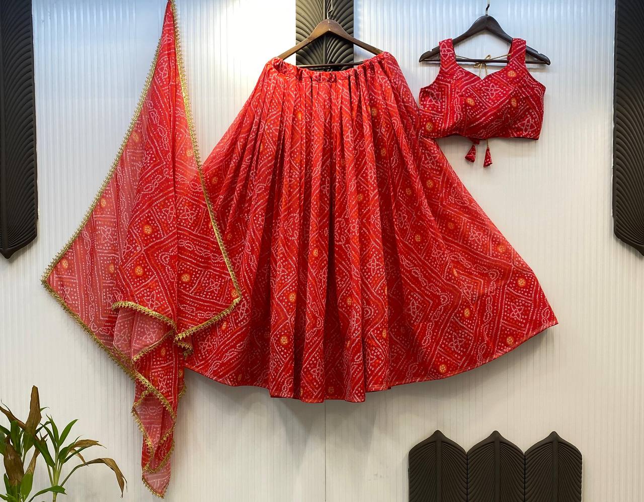 Red Exclusive Bandhani Printed Georgette Navaratri Lehenga Choli