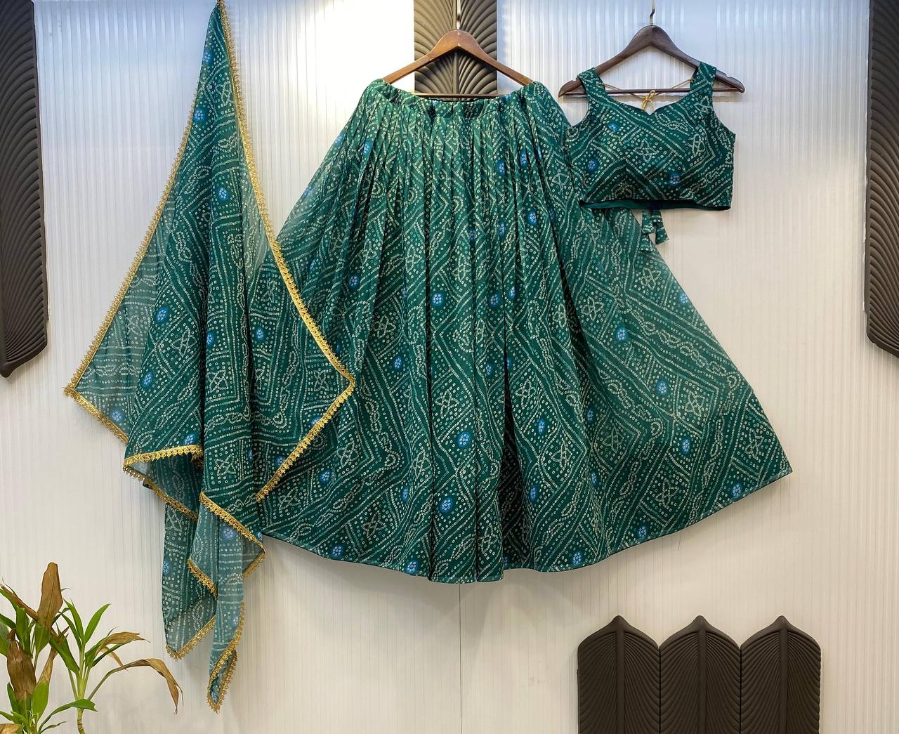 Green Exclusive Bandhani Printed Georgette Navaratri Lehenga Choli