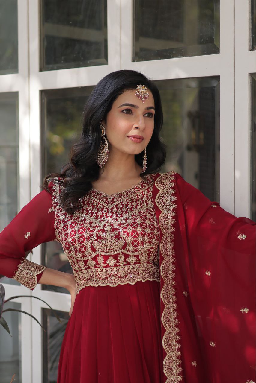 Maroon Faux Blooming With Embroidery Zari Sequins Work Gown