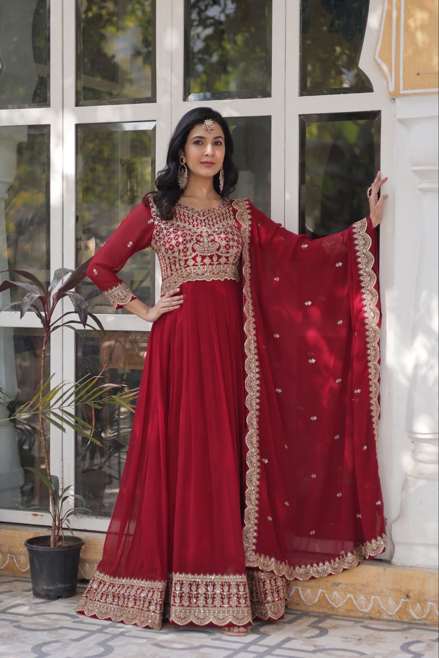 Maroon Faux Blooming With Embroidery Zari Sequins Work Gown