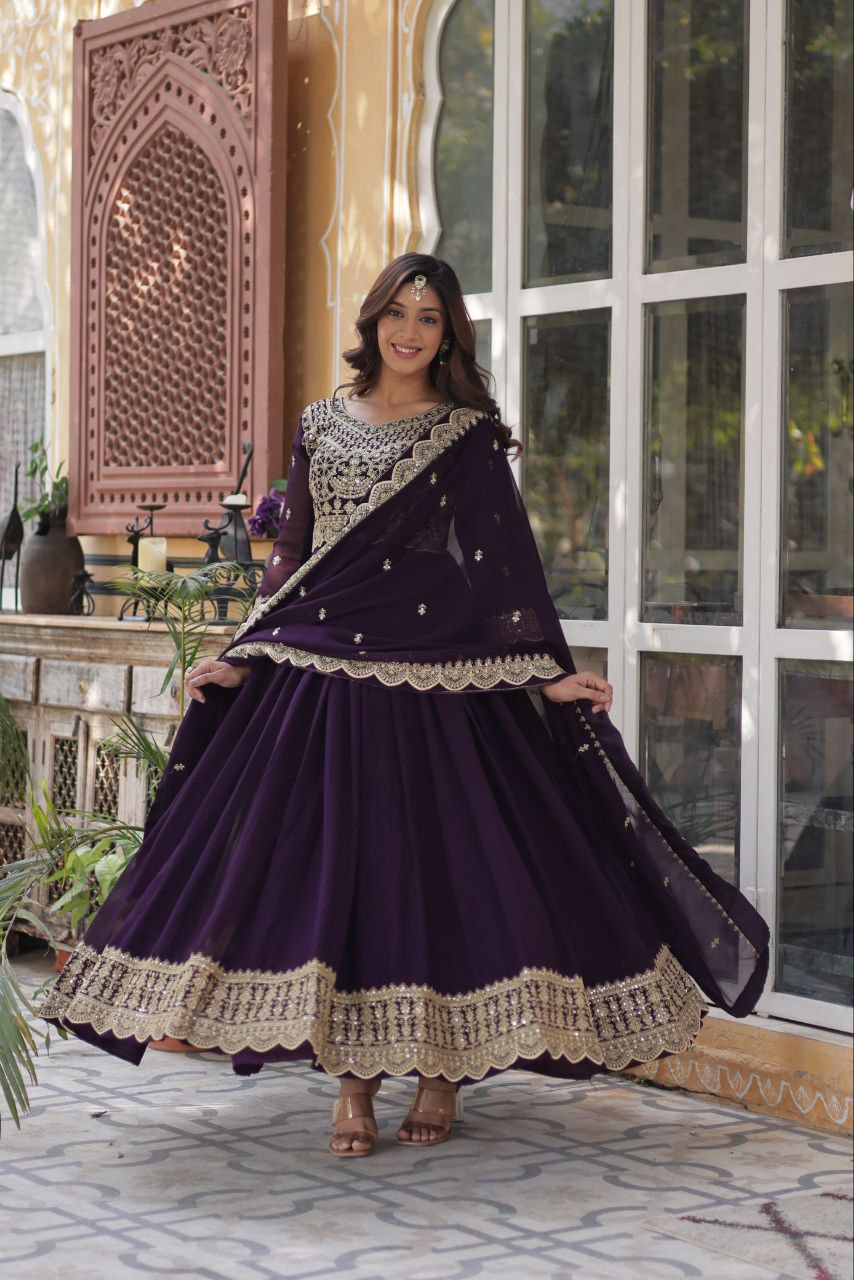 Purple Faux Blooming With Embroidery Zari Sequins Work Gown