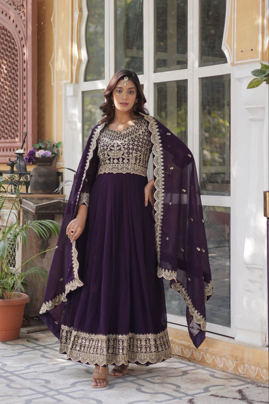 Purple Faux Blooming With Embroidery Zari Sequins Work Gown