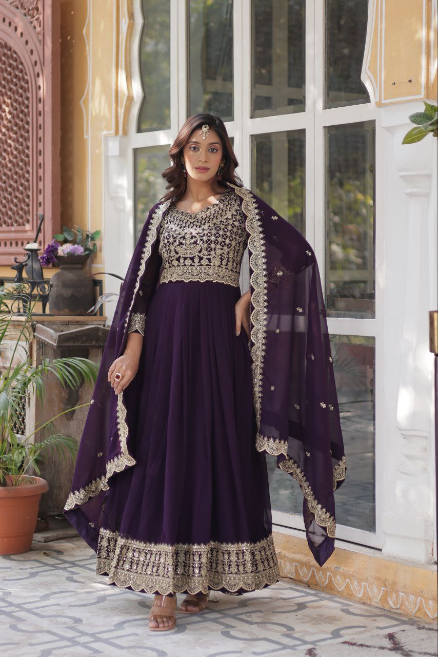 Purple Faux Blooming With Embroidery Zari Sequins Work Gown