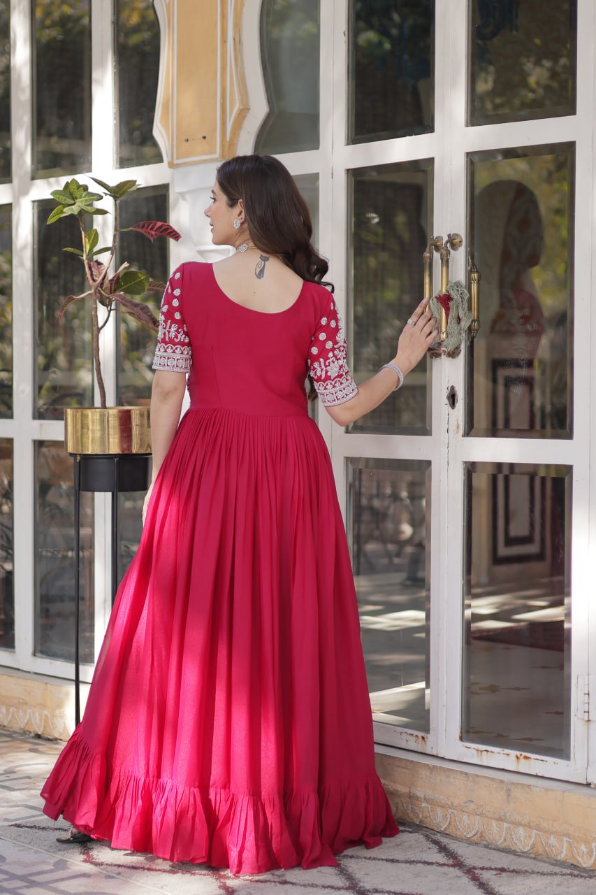 Pink Star Blooming With Embroidery Beads Sequins Work Gown