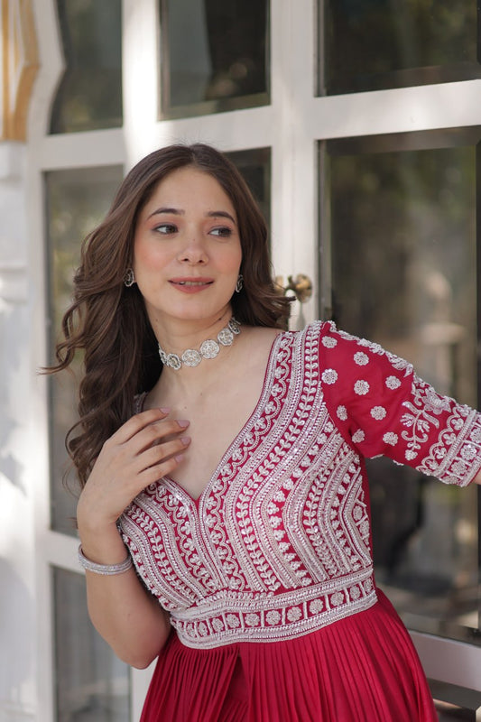 Pink Star Blooming With Embroidery Beads Sequins Work Gown