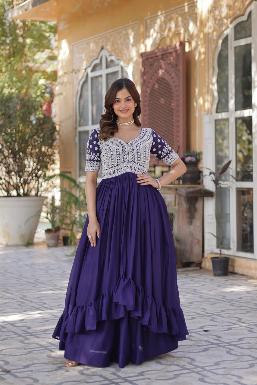Purple Star Blooming With Embroidery Beads Sequins Work Gown