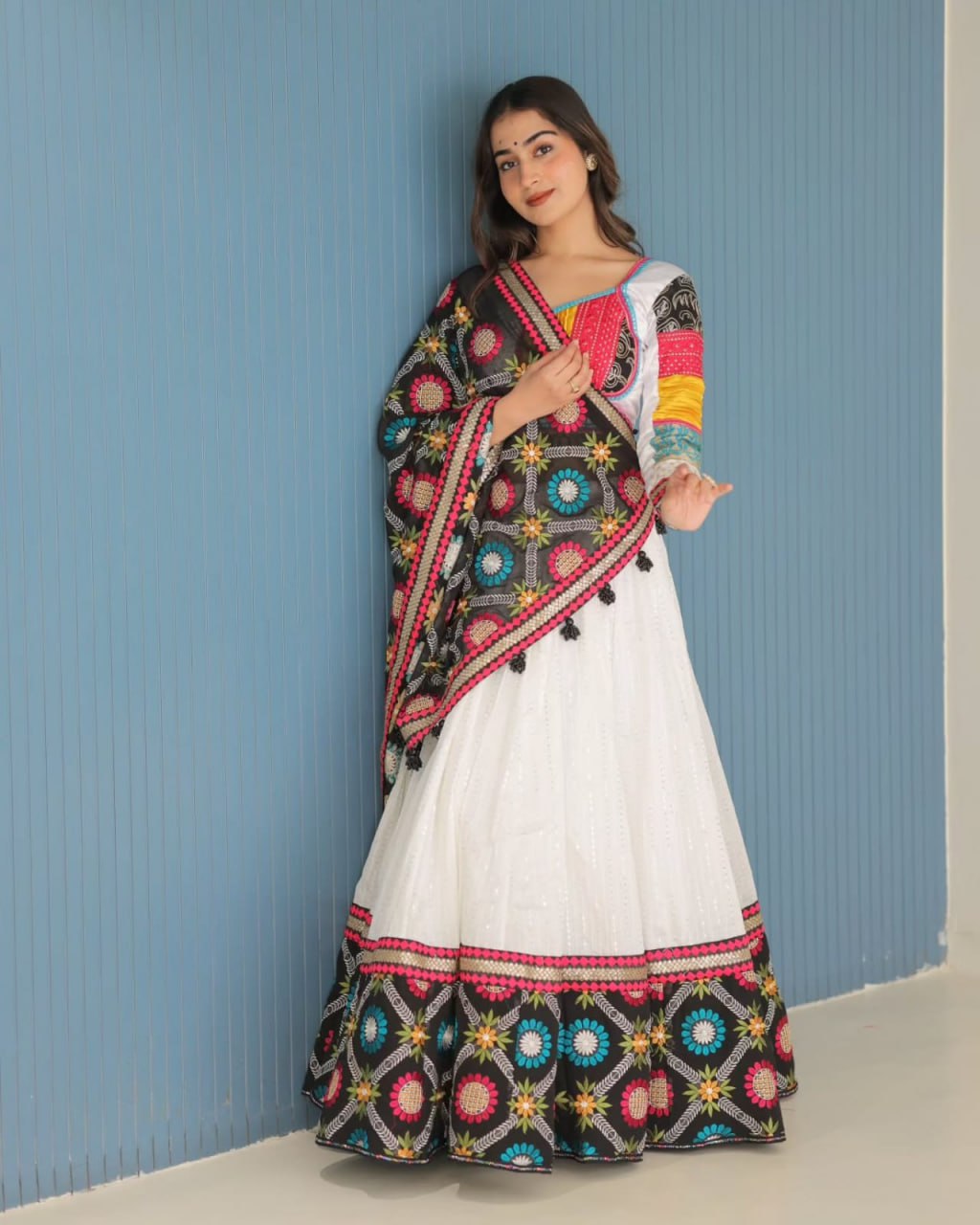 White Fancy Digital Print Real Mirror Work Navaratri Lehenga Choli