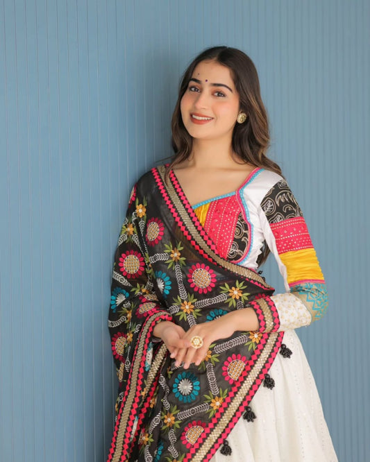 White Fancy Digital Print Real Mirror Work Navaratri Lehenga Choli