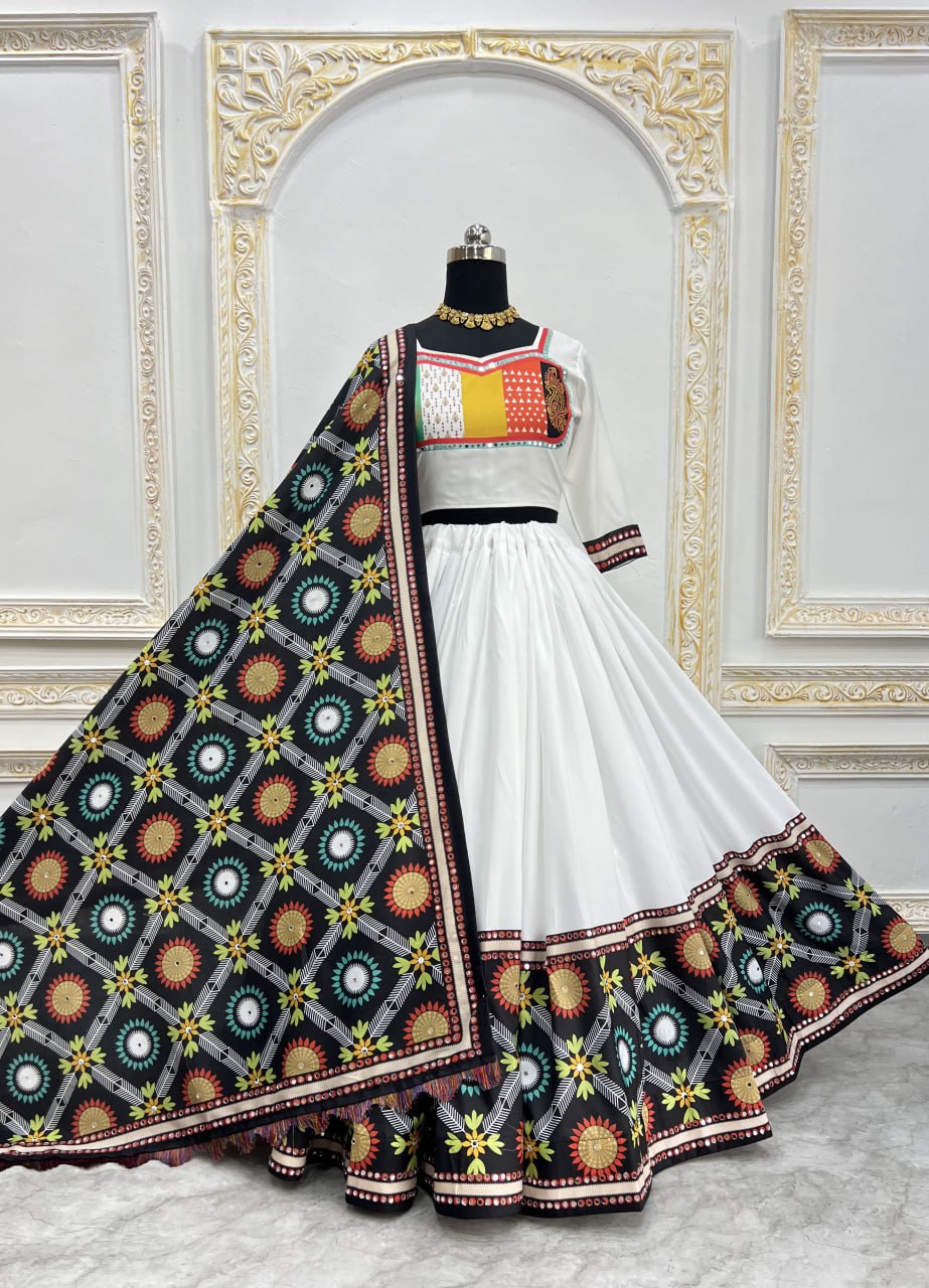 White Fancy Digital Print Real Mirror Work Navaratri Lehenga Choli