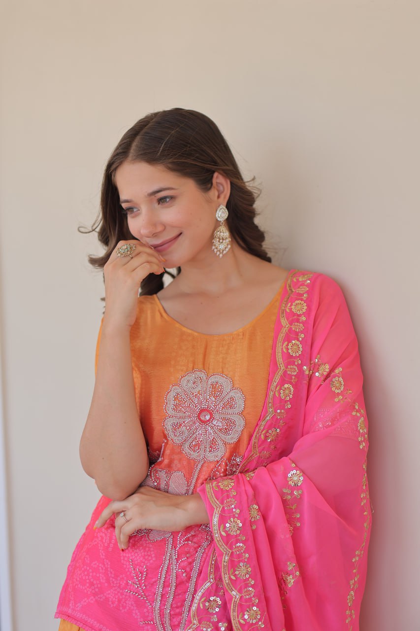 Pink Chinnon Print With Beads Embroidered Work Sharara Suit