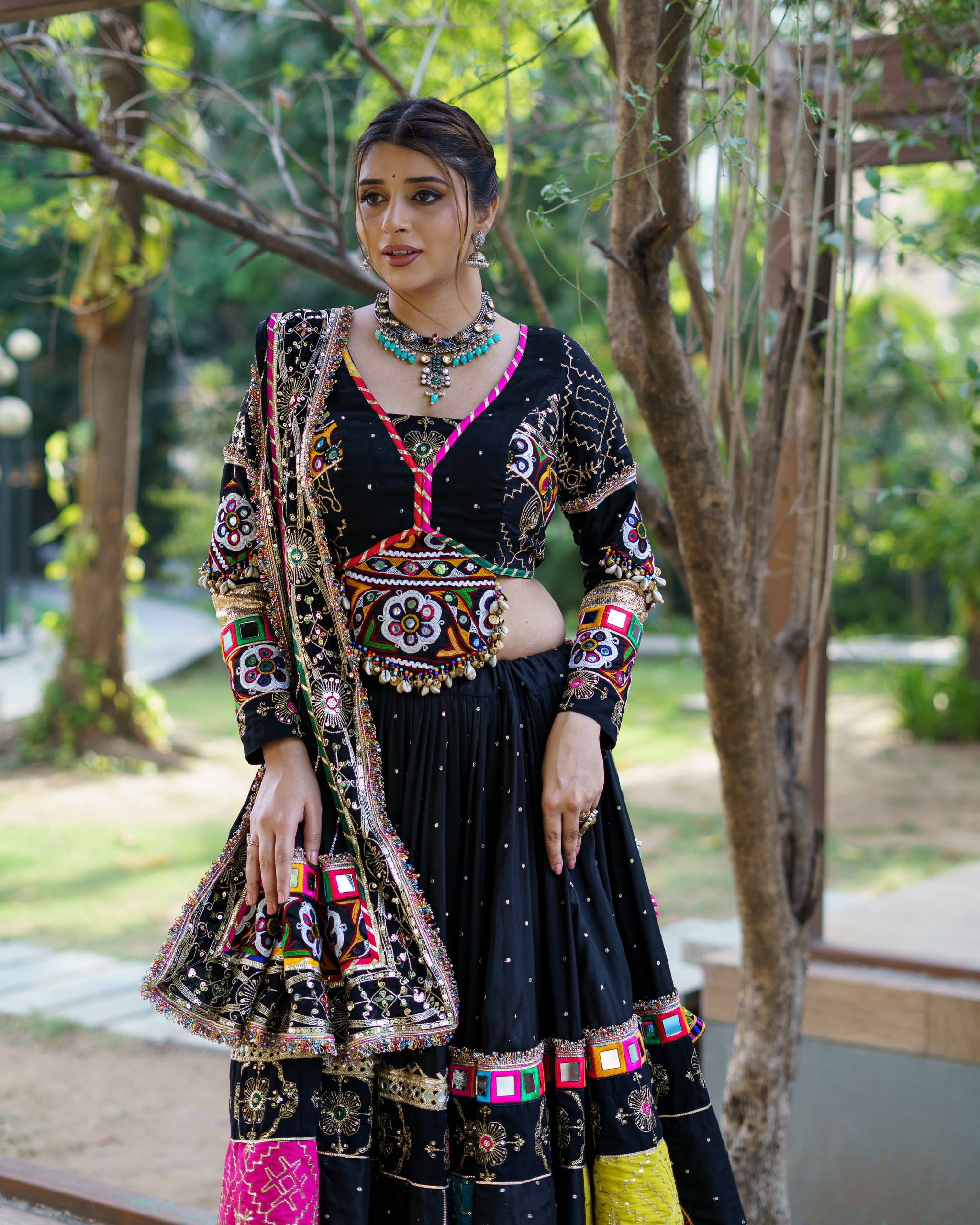 Black Heavy Muslin Cotton Gamthi Patchwork & Real Mirror Work Navratri Lehenga Choli Set