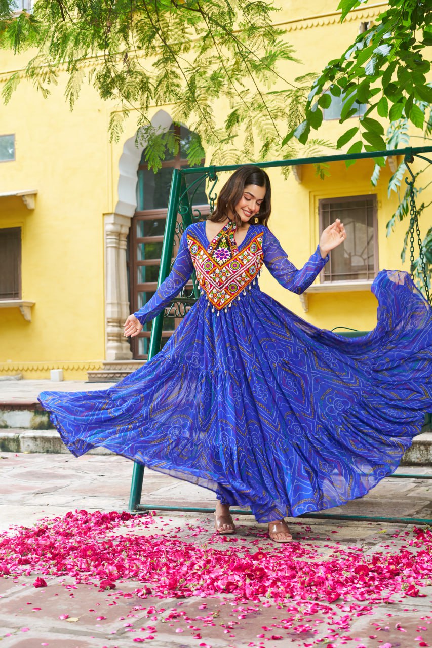 Blue Bandhani Print Work With Kutchi Patchework Navratri Special Gown
