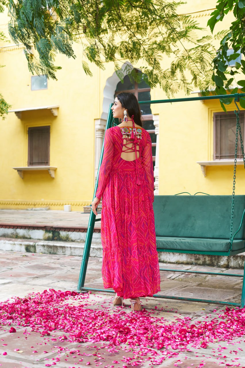 Pink Bandhani Print Work With Kutchi Patchework Navratri Special Gown