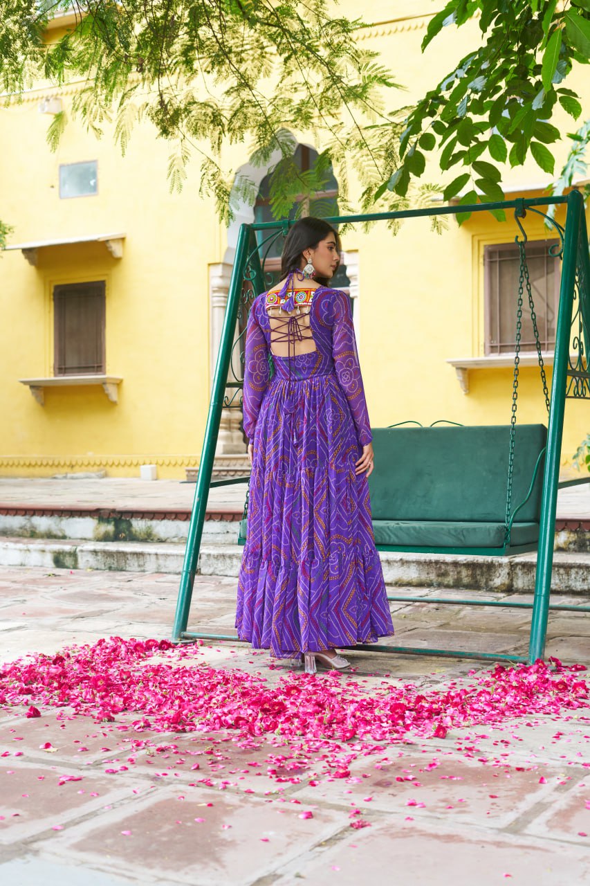 Purple Bandhani Print Work With Kutchi Patchework Navratri Special Gown