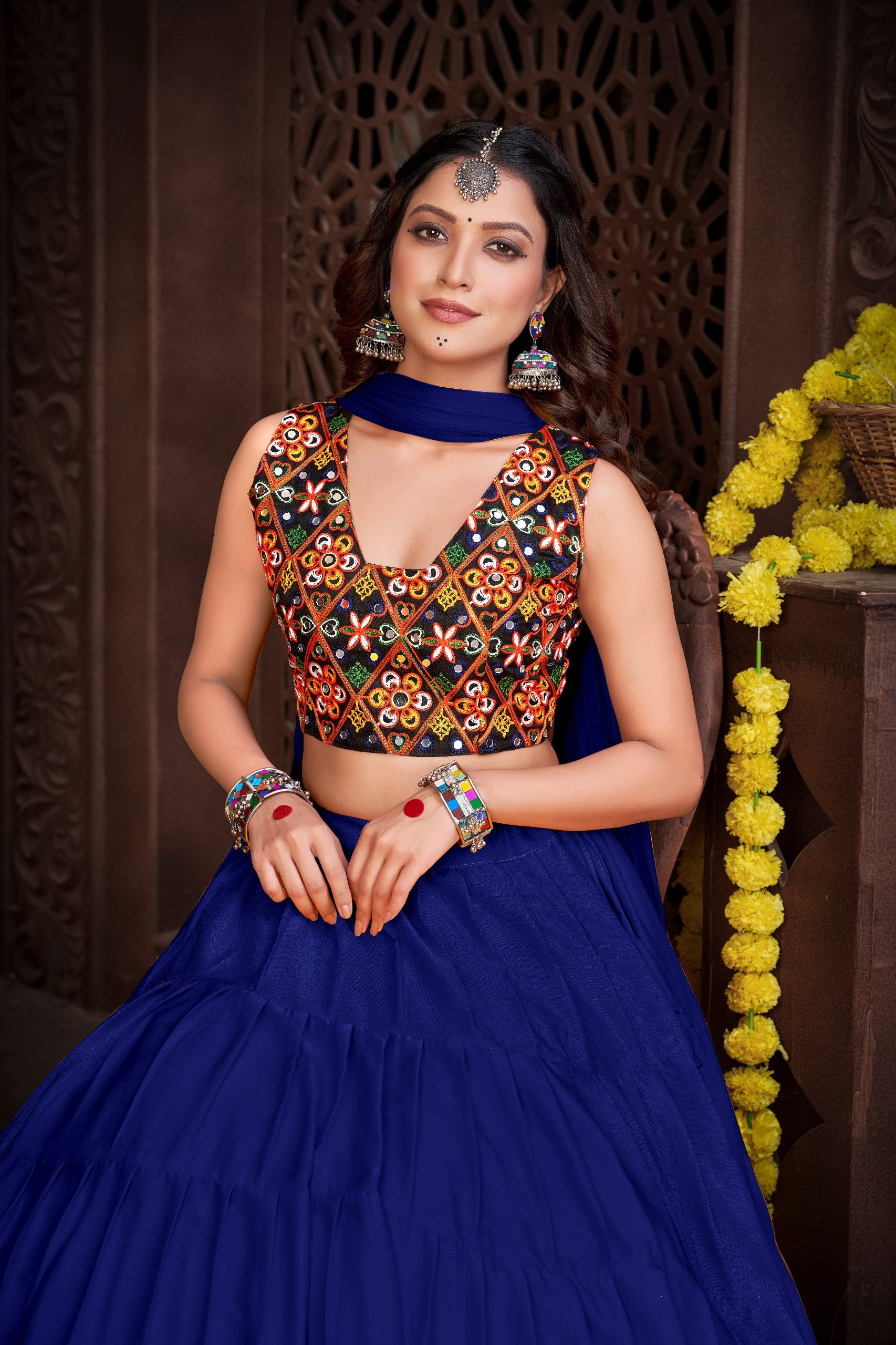 Royal Blue French Crape Navratri Lehenga Choli with Traditional Kutchi Embroidery & Mirror Work