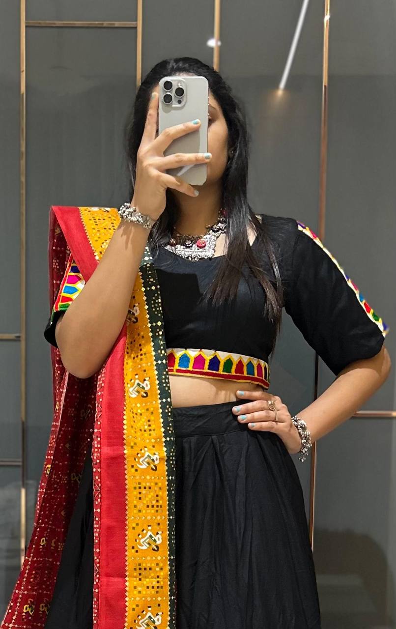 Black Pure Reyon Cotton Beautiful Designer Gamthi Embroidery Work Navratri Lehenga Choli