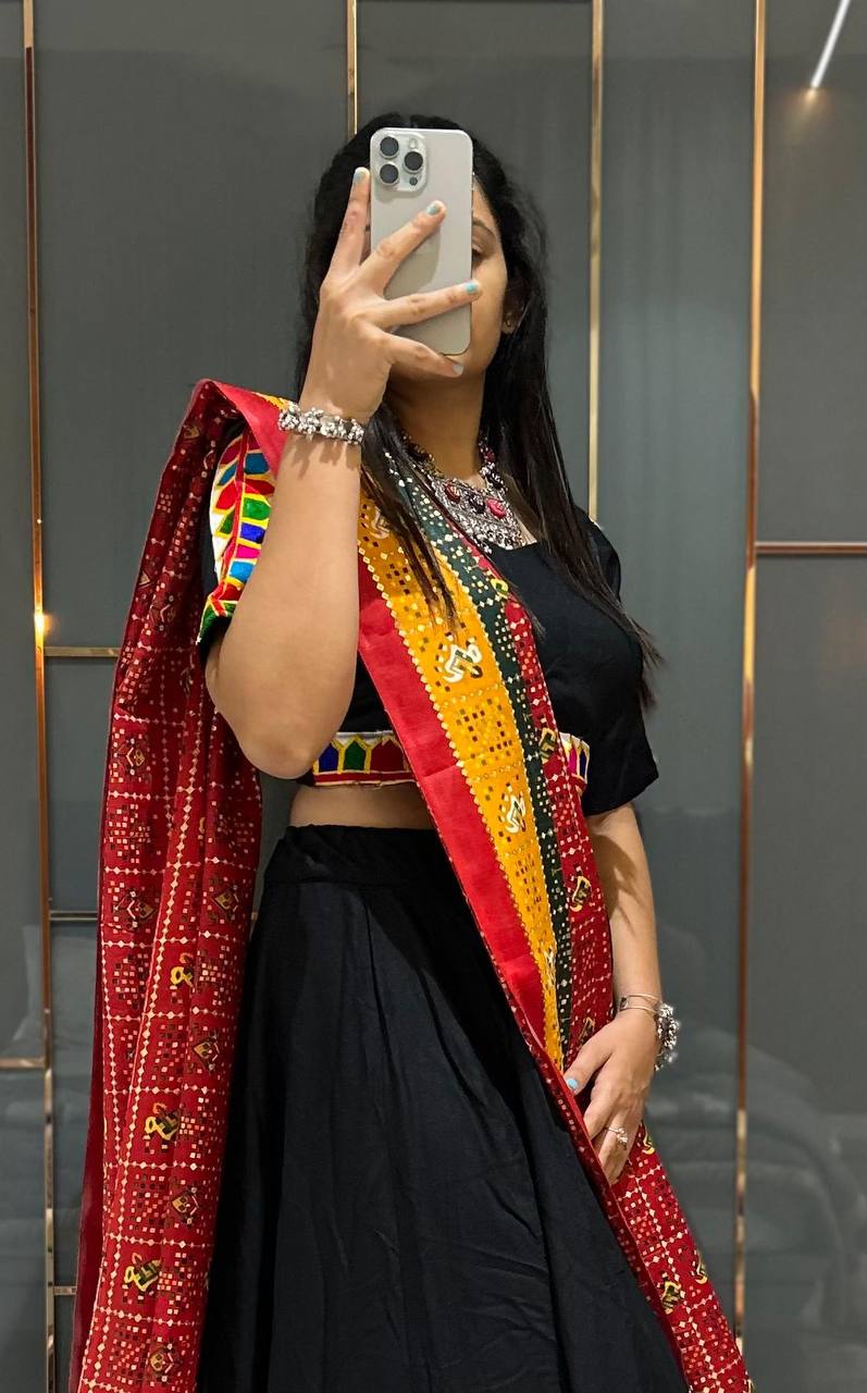 Black Pure Reyon Cotton Beautiful Designer Gamthi Embroidery Work Navratri Lehenga Choli