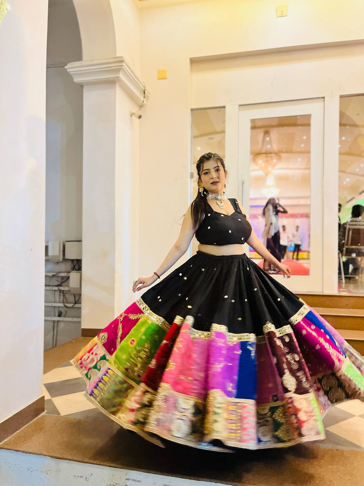 Black Heavy Muslin Cotton Navratri Lehenga Choli with Multi-Color Digital Print, Real Mirror Work & Fancy Lace Patti