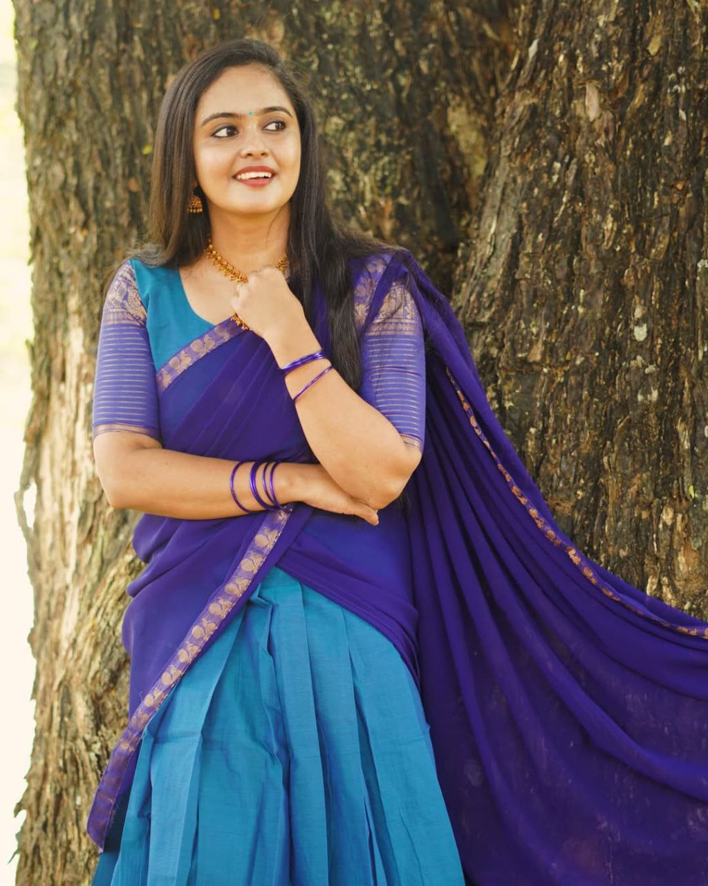 Firoza Blue Kanjivaram Silk Half Saree – Traditional Zari Weaving Langa Voni Set