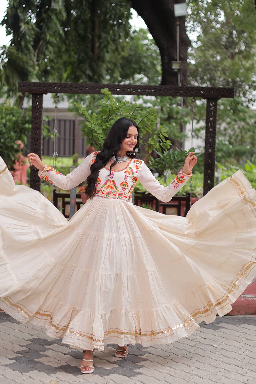 Off White Kora Cotton With Gota Patti Work Navratri Gown