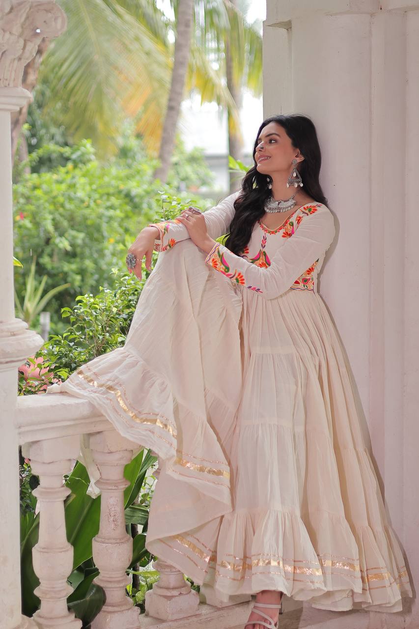 Off White Kora Cotton With Gota Patti Work Navratri Gown