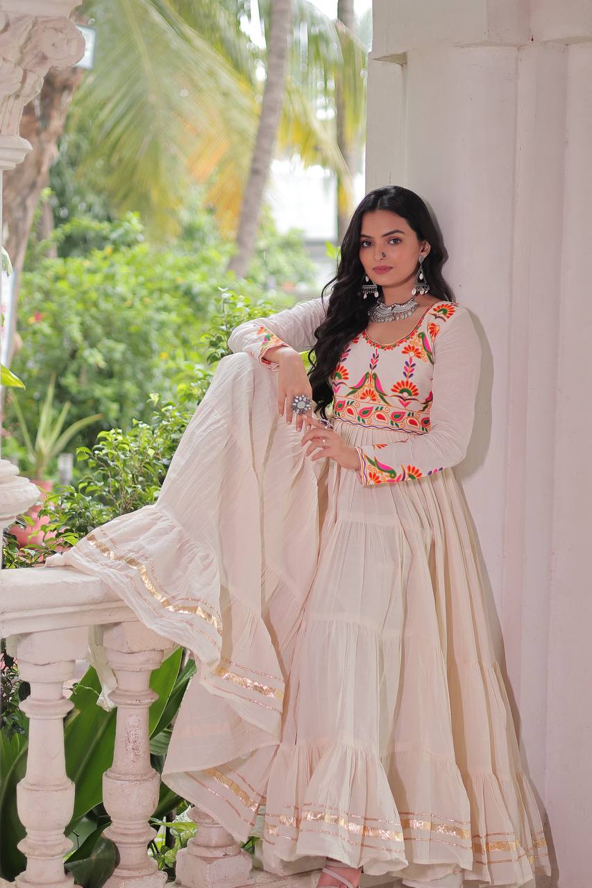 Off White Kora Cotton With Gota Patti Work Navratri Gown