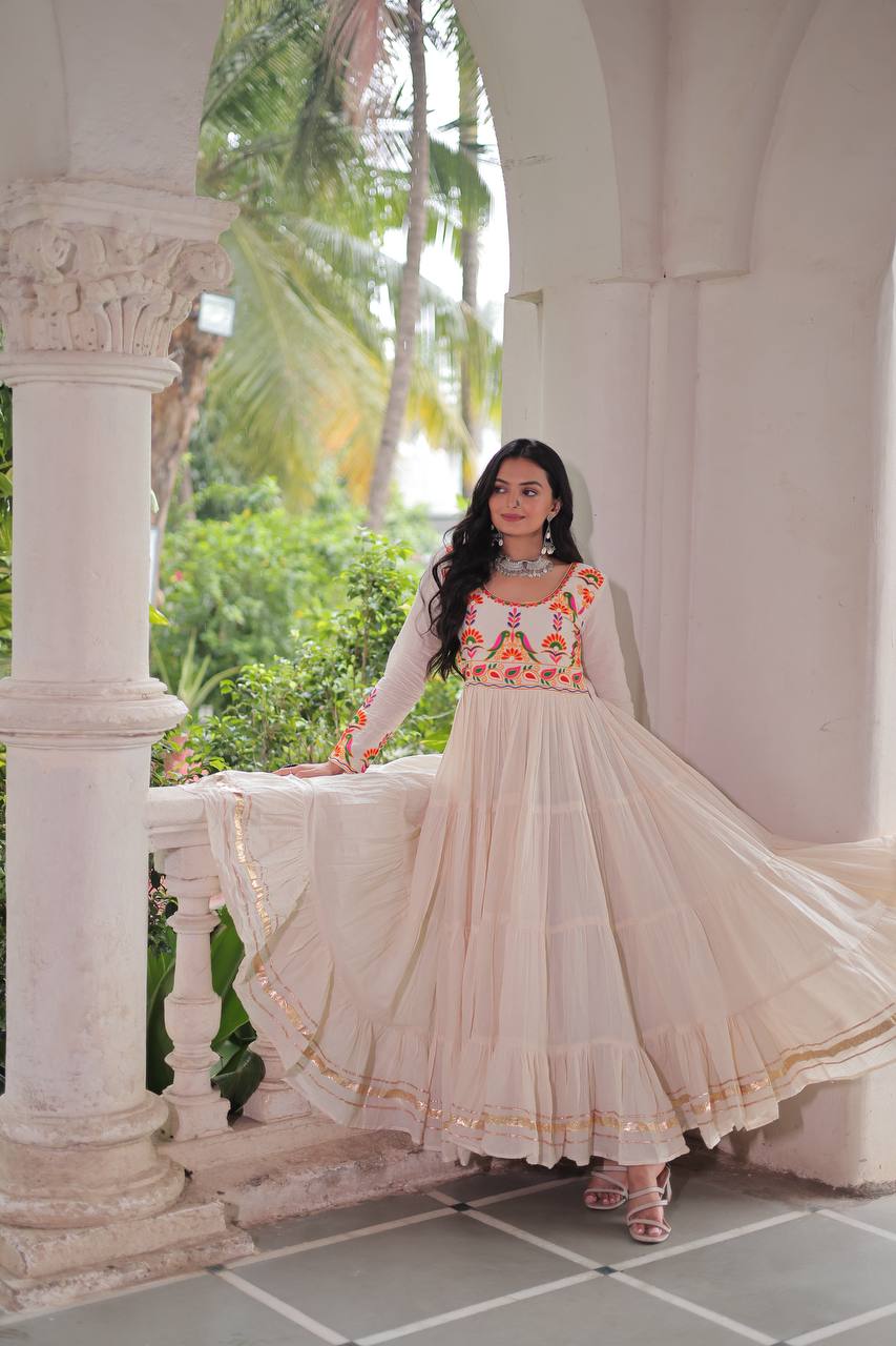 Off White Kora Cotton With Gota Patti Work Navratri Gown