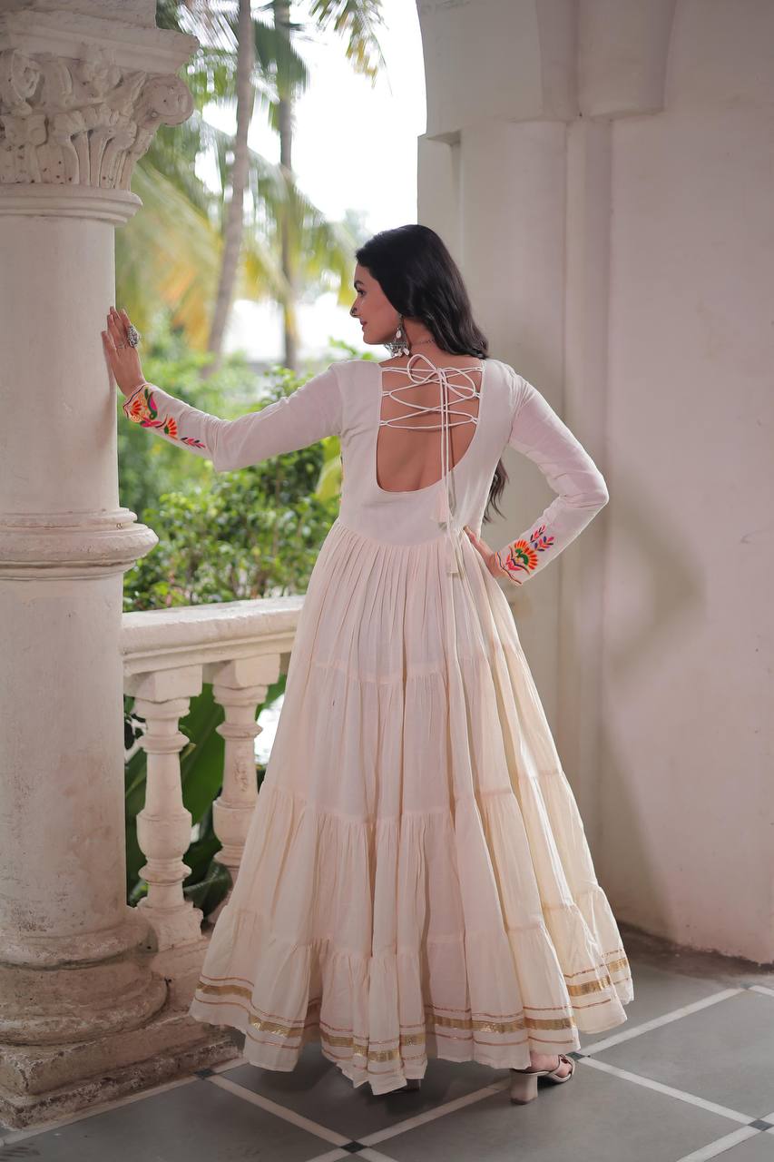 Off White Kora Cotton With Gota Patti Work Navratri Gown