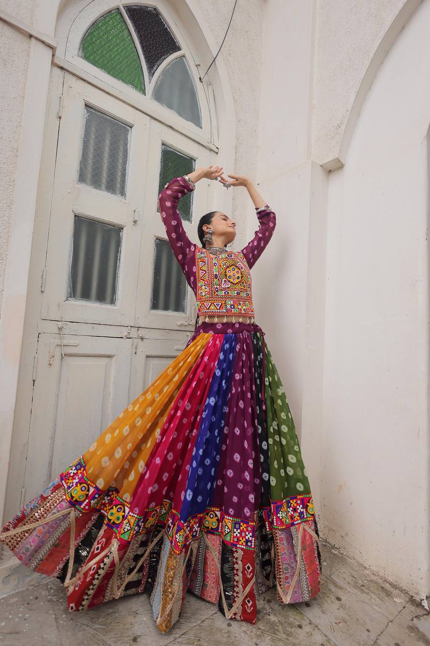 Multicolor Attractive Combination Of Wintage And Gamthi Embellished Work Navratri Lehenga Choli