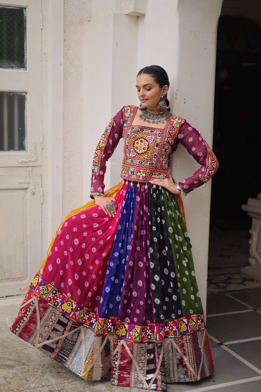 Multicolor Attractive Combination Of Wintage And Gamthi Embellished Work Navratri Lehenga Choli