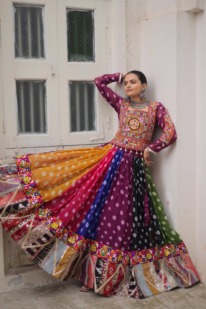 Multicolor Attractive Combination Of Wintage And Gamthi Embellished Work Navratri Lehenga Choli