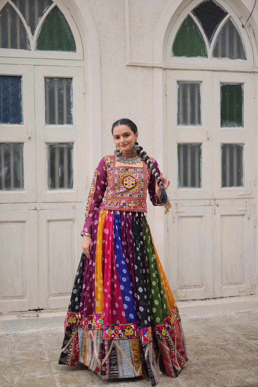 Multicolor Attractive Combination Of Wintage And Gamthi Embellished Work Navratri Lehenga Choli