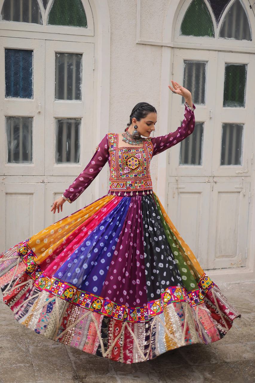 Multicolor Attractive Combination Of Wintage And Gamthi Embellished Work Navratri Lehenga Choli