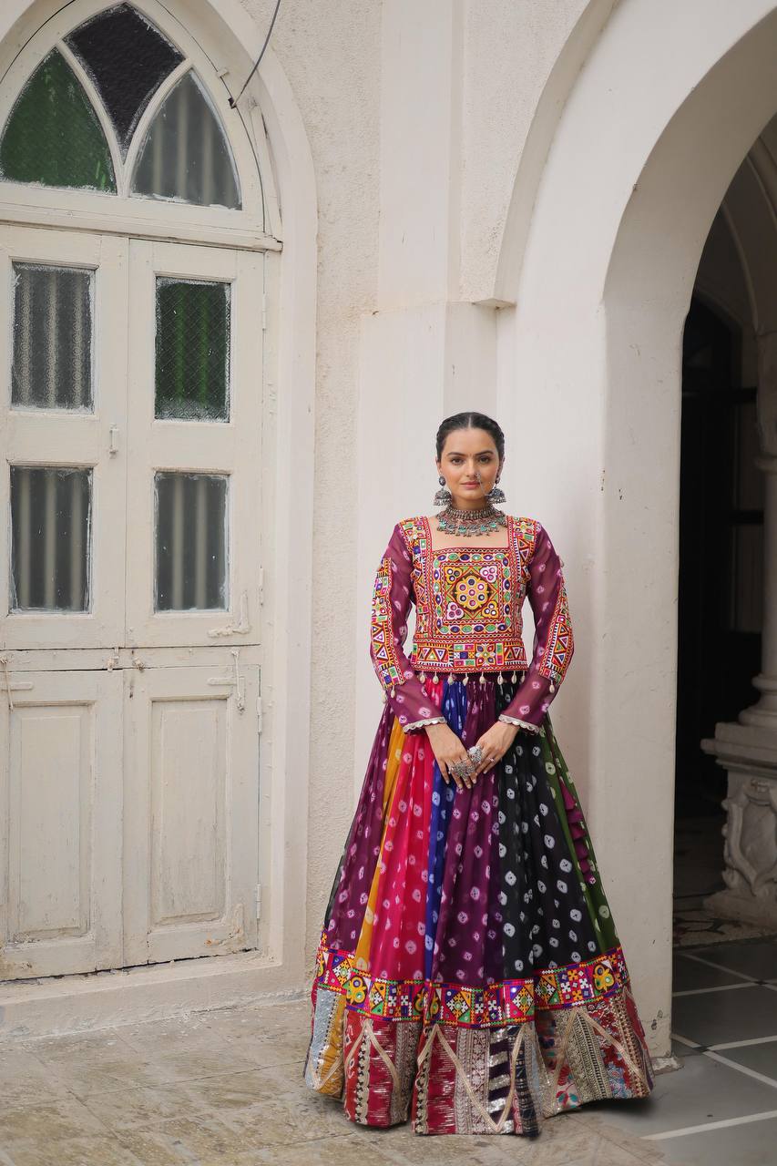 Multicolor Attractive Combination Of Wintage And Gamthi Embellished Work Navratri Lehenga Choli