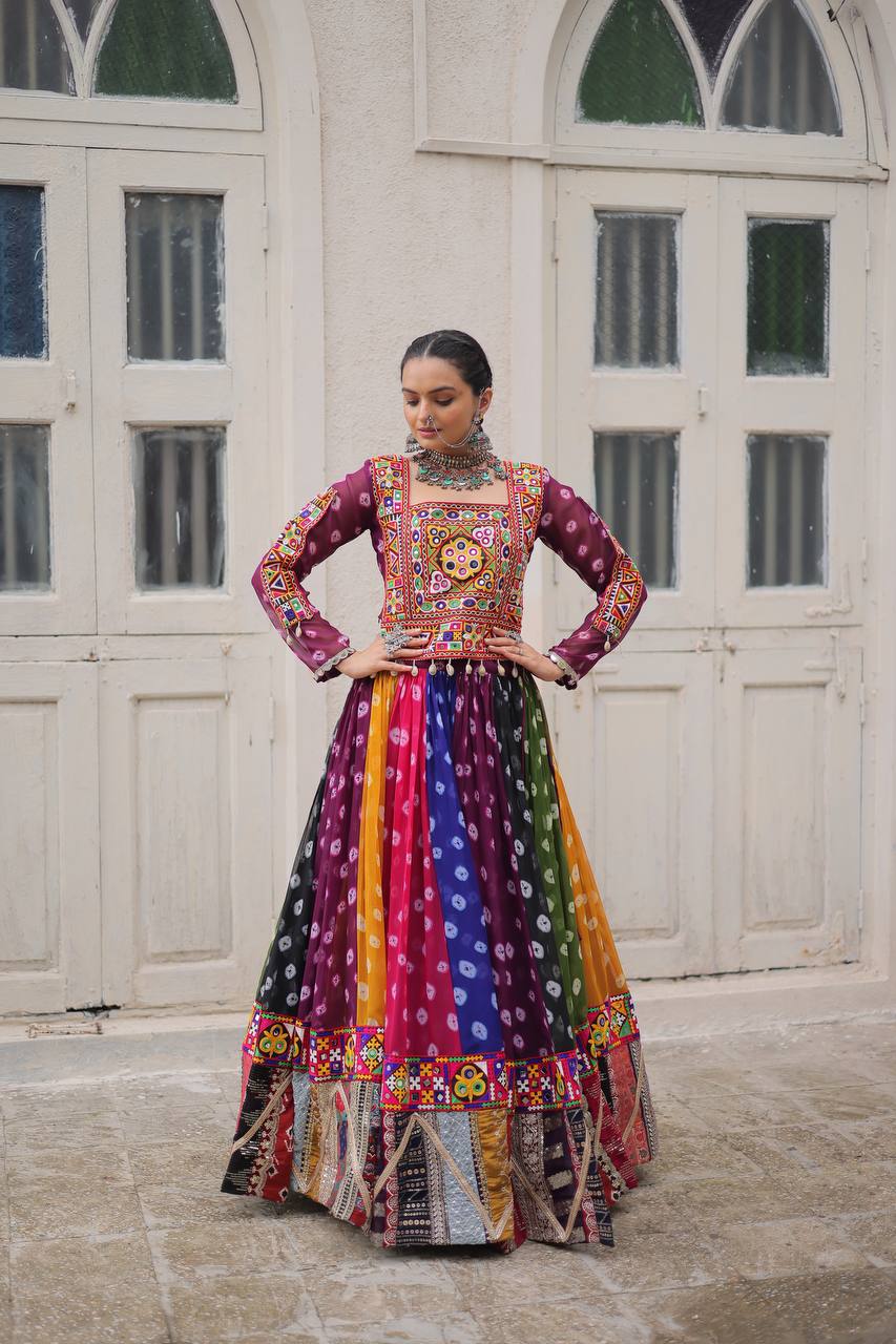 Multicolor Attractive Combination Of Wintage And Gamthi Embellished Work Navratri Lehenga Choli
