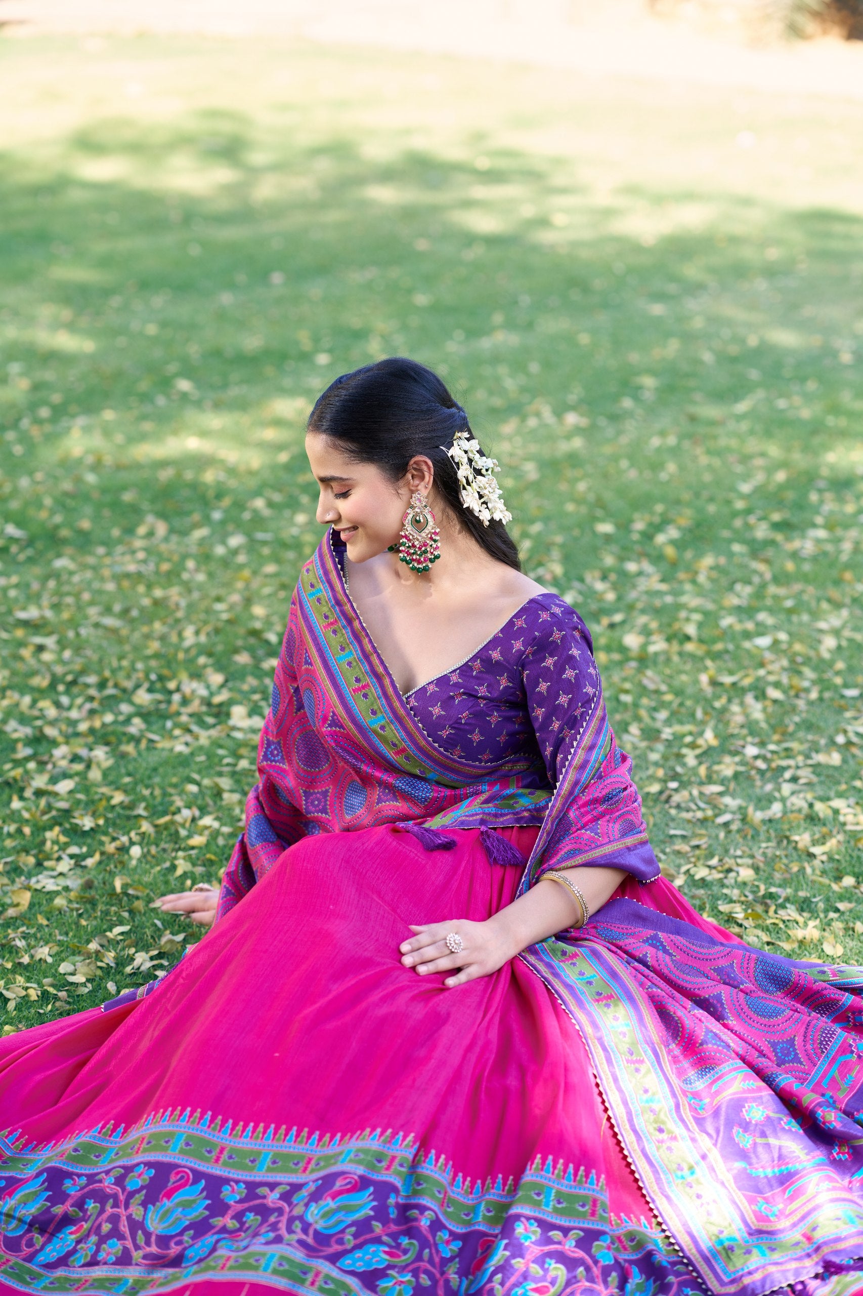 Pink & Purple Tasar Silk Navratri Lehenga Choli with Iconic Sparkle & Printed Work