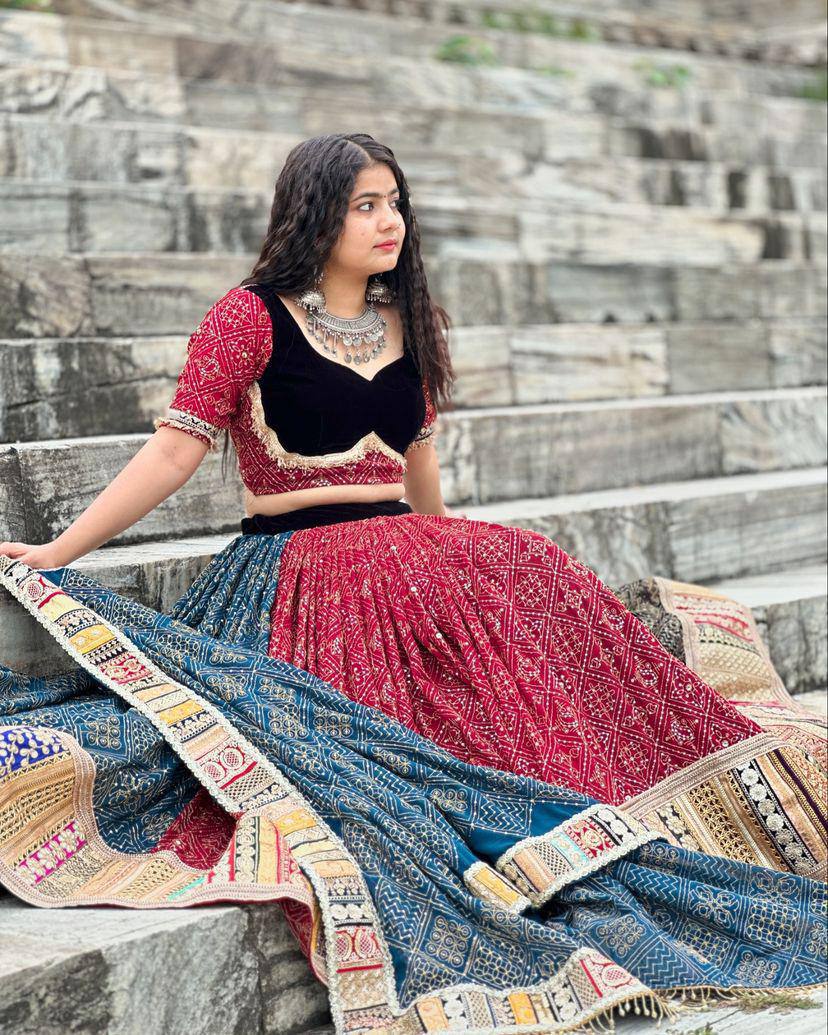 Maroon Red & Teal Blue Heavy Muslin Cotton Navratri Lehenga Choli with Bandhani Digital Print & Real Mirror Work
