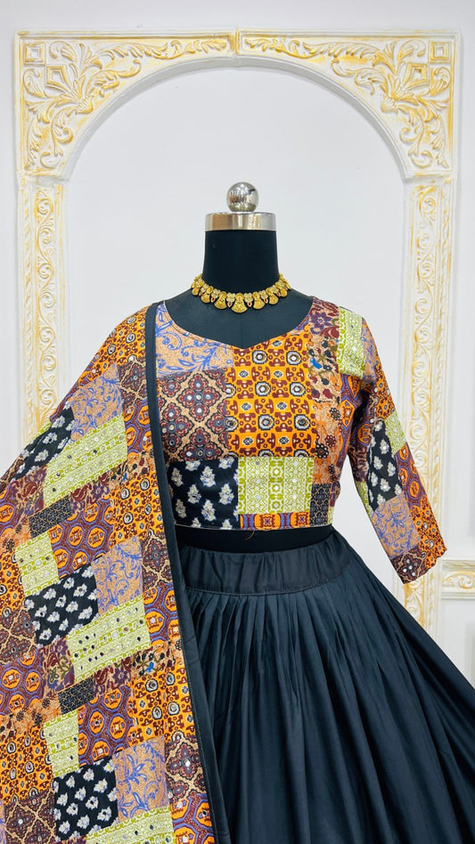 Black Multicolor Digital Print Real Mirror Work Navaratri Lehenga Choli