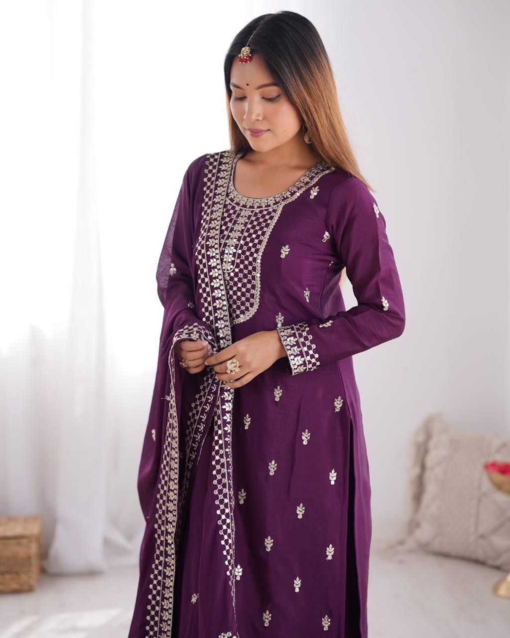 Purple Pure Chinon Silk Fabric With Beautiful Embroidery Sequence And Jari Work Plazzo Set