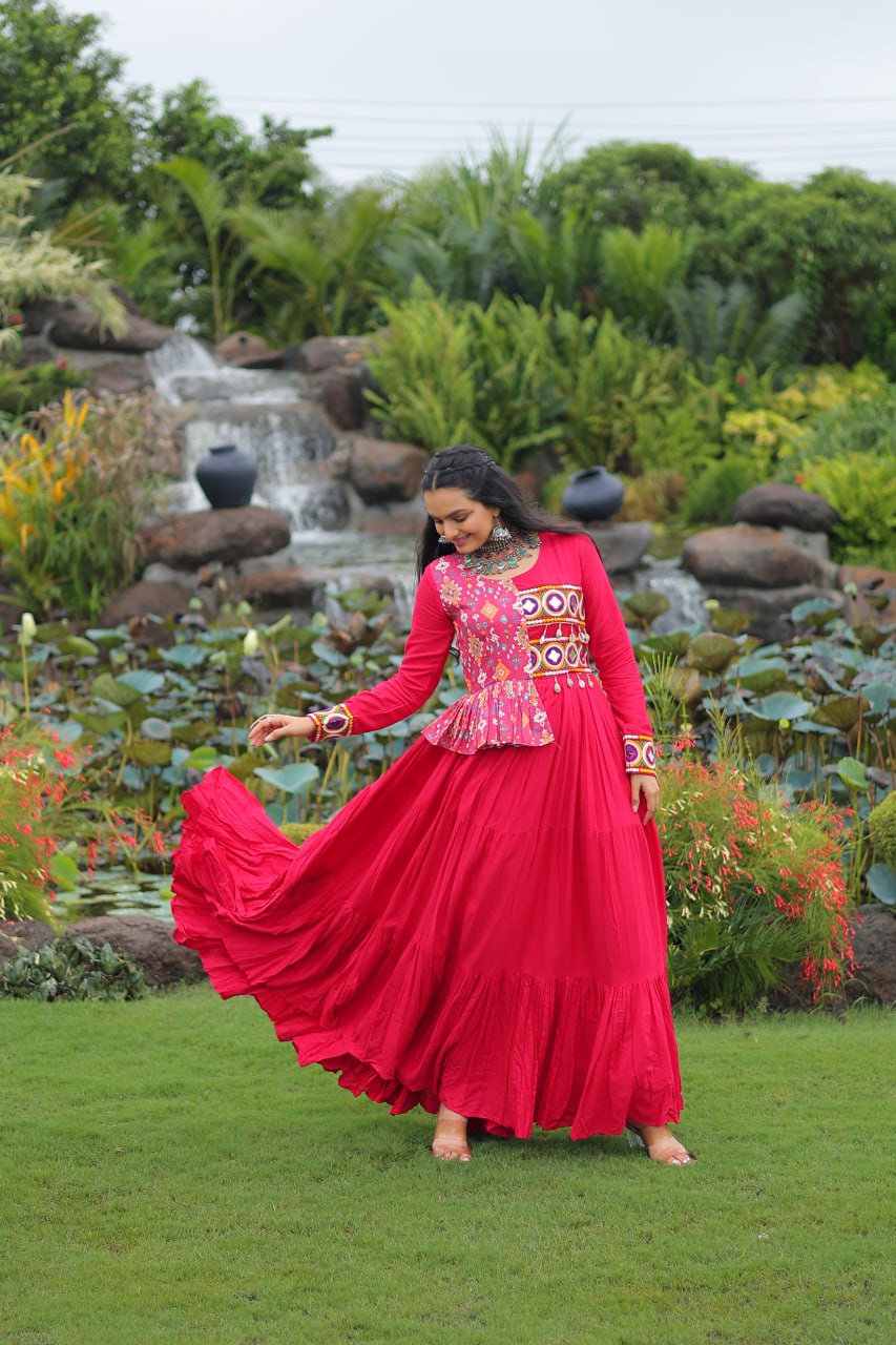 Pink Reyon With Kutchi Gamthi Embroidered Work Navratri Gown