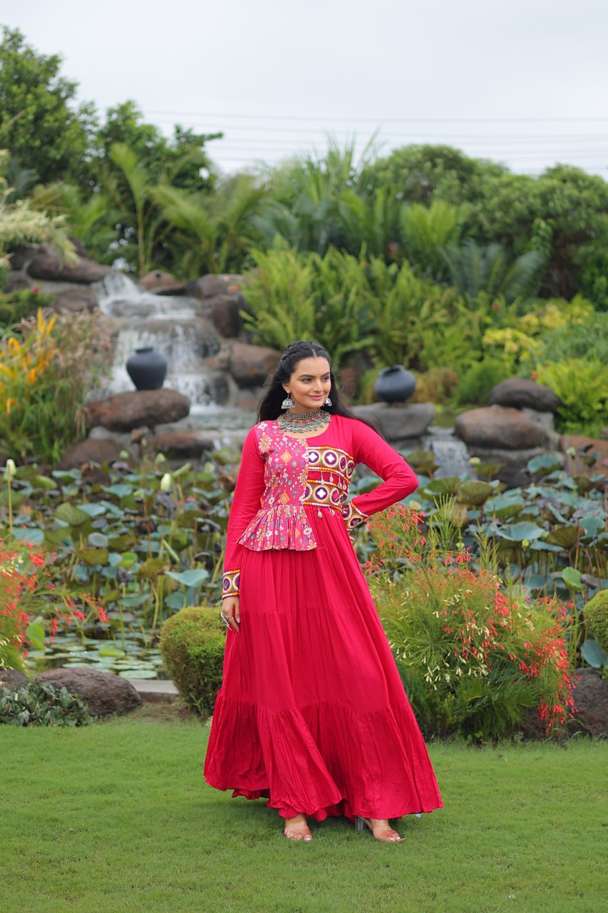 Pink Reyon With Kutchi Gamthi Embroidered Work Navratri Gown